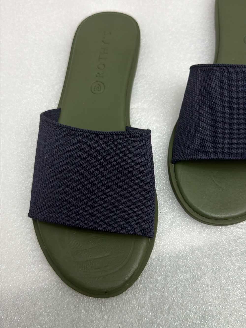 Rothy's Olive Green Footbed Slide Sandals with Navy Knit Strap new without box - Picture 2 of 3